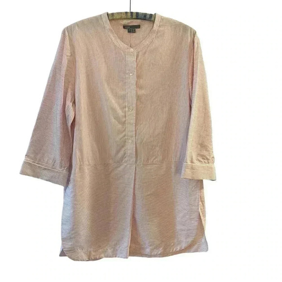 Vince button front tunic pin stripe red white 3/4 sleeve large - Picture 2 of 11